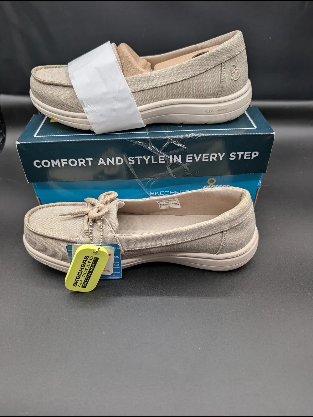 Skechers Women’s Taupe Canvas Slip-On Loafers with Bow Detail